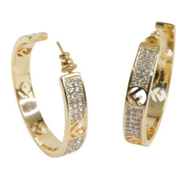 Large 1.75"  Fendi Gold Tone FF Motif Rhinestone Hoop Earrings (AUTHENTIC) - Picture 1 of 10